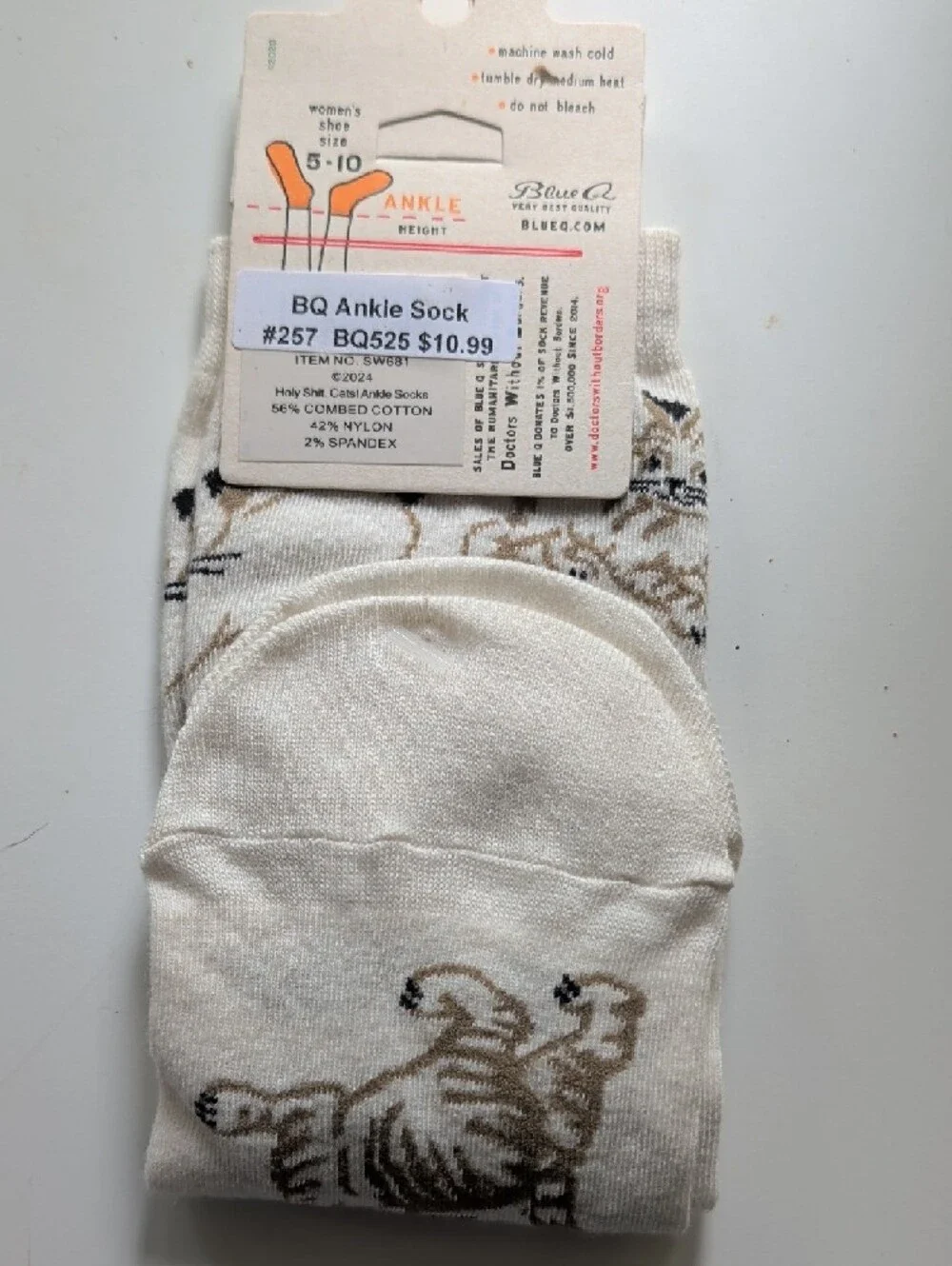 Cat Socks - Assorted Cream, Gray, Green